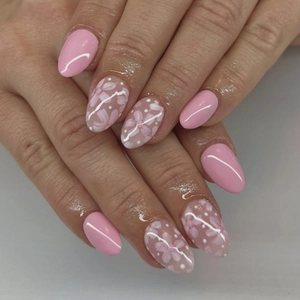 Faux Ongles Rose À Fleurs Press On Nails Amande Courts Brillants À Pois Blancs Doux Élégants Pour Femmes