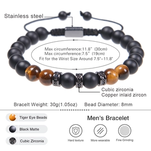 Tiger eye and matte black stone beaded bracelet for men with zircon inlay and 8mm beads