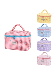 Quilted checkerboard cosmetic bags with bow embroidery in five vibrant colors