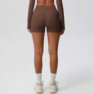 Rear view of high-waisted chocolate brown sports yoga shorts with bum-lifting effect
