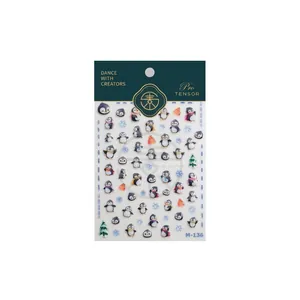 Stickers ongles pingouin 3D dorés avec flocons de neige bleus et sapins de Noël M-136