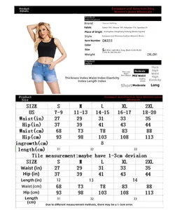 Maattabel voor denim short met hoge taille inclusief US-maten en afmetingen in cm
