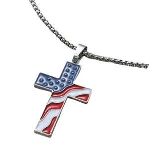 Hip hop style stainless steel necklace with American flag cross pendant in enamel finish