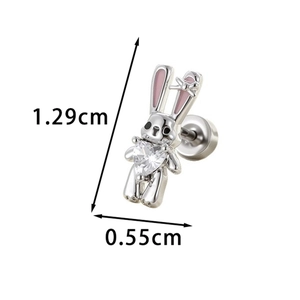 Cute silver rabbit stud earrings with pink heart zircon and size dimensions