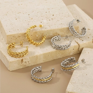 Retro Twisted Stainless Steel C-Shape Earrings Braided Texture Geometric Splicing Plated Gold Silver Hoops Women Jewelry