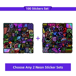 Neon graffiti stickers set featuring assorted icons on high-quality waterproof vinyl