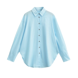 Fashionable light blue long sleeve button down shirt with lapel collar and pleat details