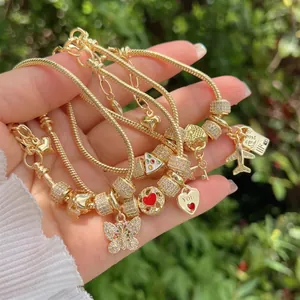 18K gold plated butterfly heart and airplane charm bracelet with sparkling zircons