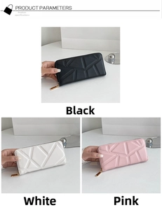 Detailed view of women's long zipper wallets in black, white, and pink quilted faux leather