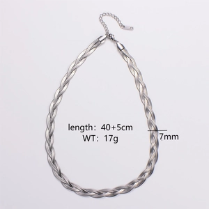Detail view of woven stainless steel necklace with 40+5cm length and 7mm width