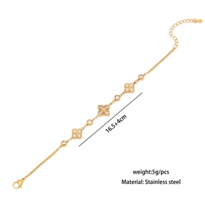 Detail of clover bracelet with white zircons, 16.5+4cm stainless steel gold chain