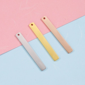 Polished rectangular stainless steel pendant charms in silver, gold, and rose gold finishes