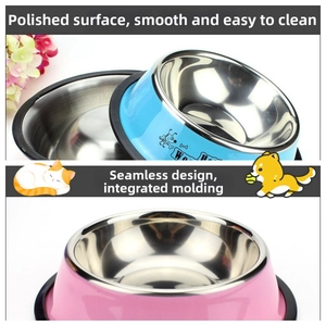Polished stainless steel pet bowl with anti-slip rubber base and cute illustrated shell