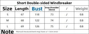 Size chart for women's reversible short trench coat showing measurements from S to L