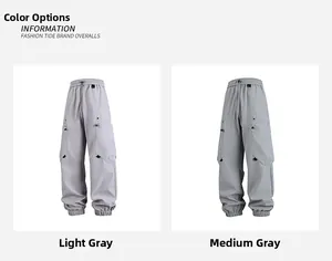 Vista detallada de pantalones cargo gris claro y gris medio con cordones ajustables en bajos