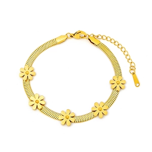 Gold titanium steel herringbone bracelet featuring five small daisy floral charms