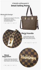 Detail of the brown clover pattern tote bag featuring polished gold metal hardware and logo