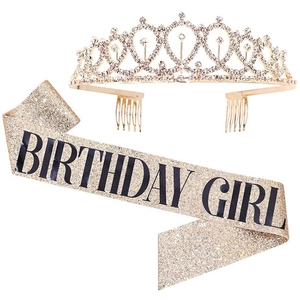 Golden Birthday Girl sash and rhinestone tiara set for elegant birthday party decoration