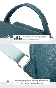Detail of teal leather top handle and gold metal buckle reinforcement on backpack