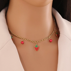 Collier Pendentif Fraise Mignon Et Bracelet En Acier Inoxydable Perles Rouges Mode Chaîne Clavicule Bijoux Cadeau Pour Femmes