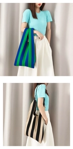 Close-up showing large capacity knitted tote bags in striped blue-green and black-beige colors