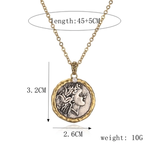 Detail of vintage Roman coin pendant necklace showing 3.2x2.6cm dimensions and 45+5cm chain length