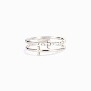 Minimalist double-layered silver cross ring with sparkling crystals on a clean white background