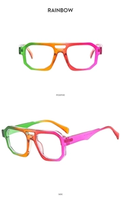 Detail view of rainbow gradient pilot sunglasses with transparent frames and double bridge