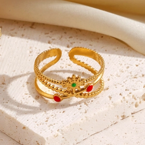 Retro gold stainless steel sun ring with colorful enamel inlay on stone and satin