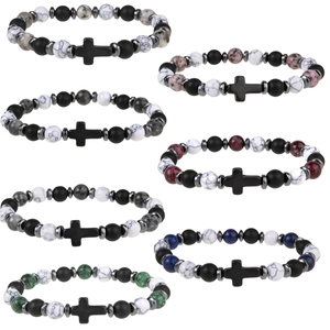 Beaded Bracelet Natural Stone Hematite Turquoise Cross Pendant Elastic Religious Retro Style Unisex