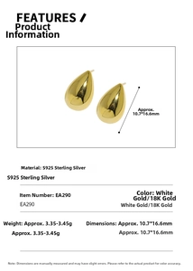 Detail showing dimensions and S925 sterling silver material for water drop earrings