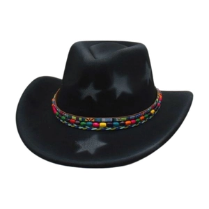 Black western felt hat with grey star patterns and colorful woven bead band decoration