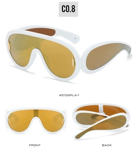 Three views of futuristic wrap-around sunglasses with white frame and amber lens