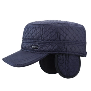 Men's navy blue quilted winter flat cap with ear flaps and thermal lining for windproof protection