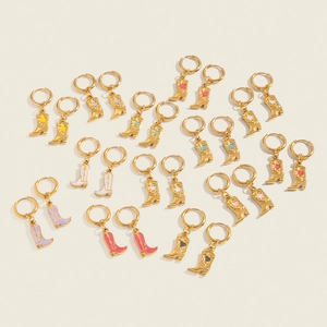 Cowboy Boot Dangle Hoop Earrings Stainless Steel 18K Gold Plated Enamel Western Fashion For Women Hypoallergenic