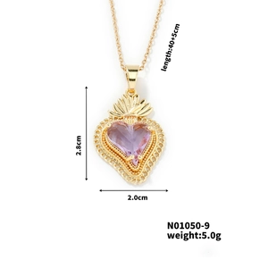 Detailed dimensions of the gold stainless steel purple heart pendant necklace jewelry