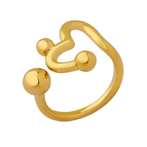 Unique heart-shaped open ring in polished gold finish with triple bead accents