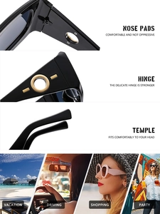Detail view of comfortable nose pads and reinforced hinges on luxury square sunglasses