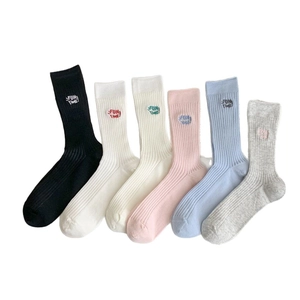 Six pairs of ribbed crew socks with FUN TIME embroidery in assorted pastel colors