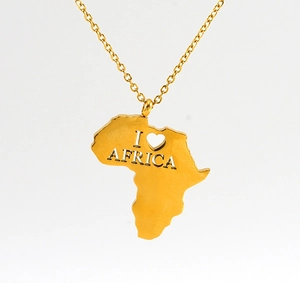Detail view of gold Africa map pendant with I Heart Africa hollow engraving
