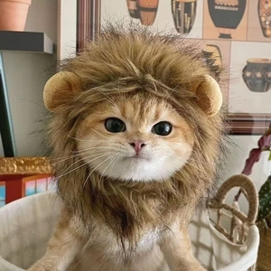 Close-up of fluffy brown lion mane wig for cats with realistic faux fur and ears