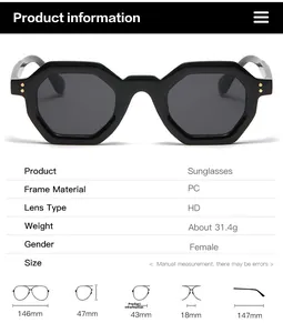 Detailed dimensions of polygon sunglasses showing frame width and lens height specifications