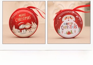 Detail of red circular Christmas coin purses with festive snowman and Santa patterns