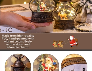 Close-up of the vintage LED Christmas lantern with PVC Santa Claus and reindeer scene