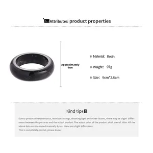 Detailed specs of wide black resin bangle showing 9cm diameter and 2.6cm width size