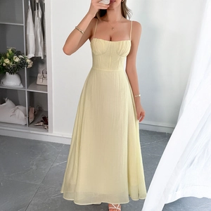 Slim fit light yellow strapless maxi dress with spaghetti straps for casual vacations