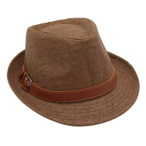 Detail of dark brown straw fedora featuring a leather band with a vintage metal buckle