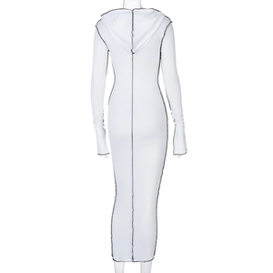 Close-up of white hooded bodycon dress featuring black contrast stitch details on the back