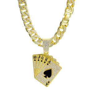Hip hop iced out Cuban chain necklace with a gold plated poker royal flush spade pendant