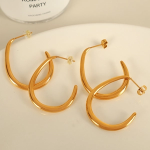 Polished gold plated stainless steel C-shaped geometric hoop earrings in two sizes